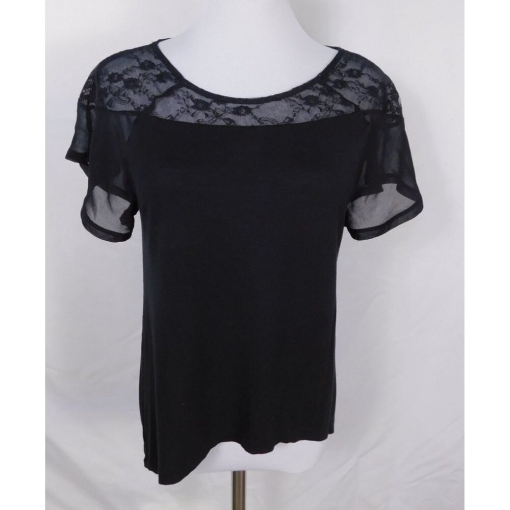 Black Lace Yoke Sheer Sleeve Top By Ecoté Size S